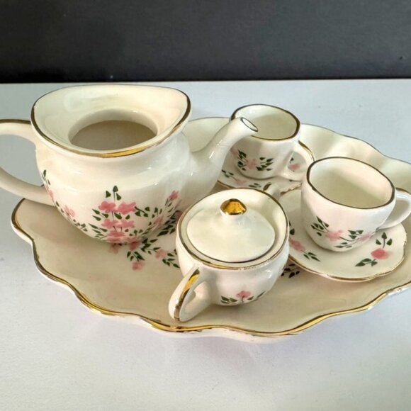 Vtg Miniature 8 Piece Porcelain Tea Set -White with Pink Floral Design VG Cond. - Picture 1 of 7